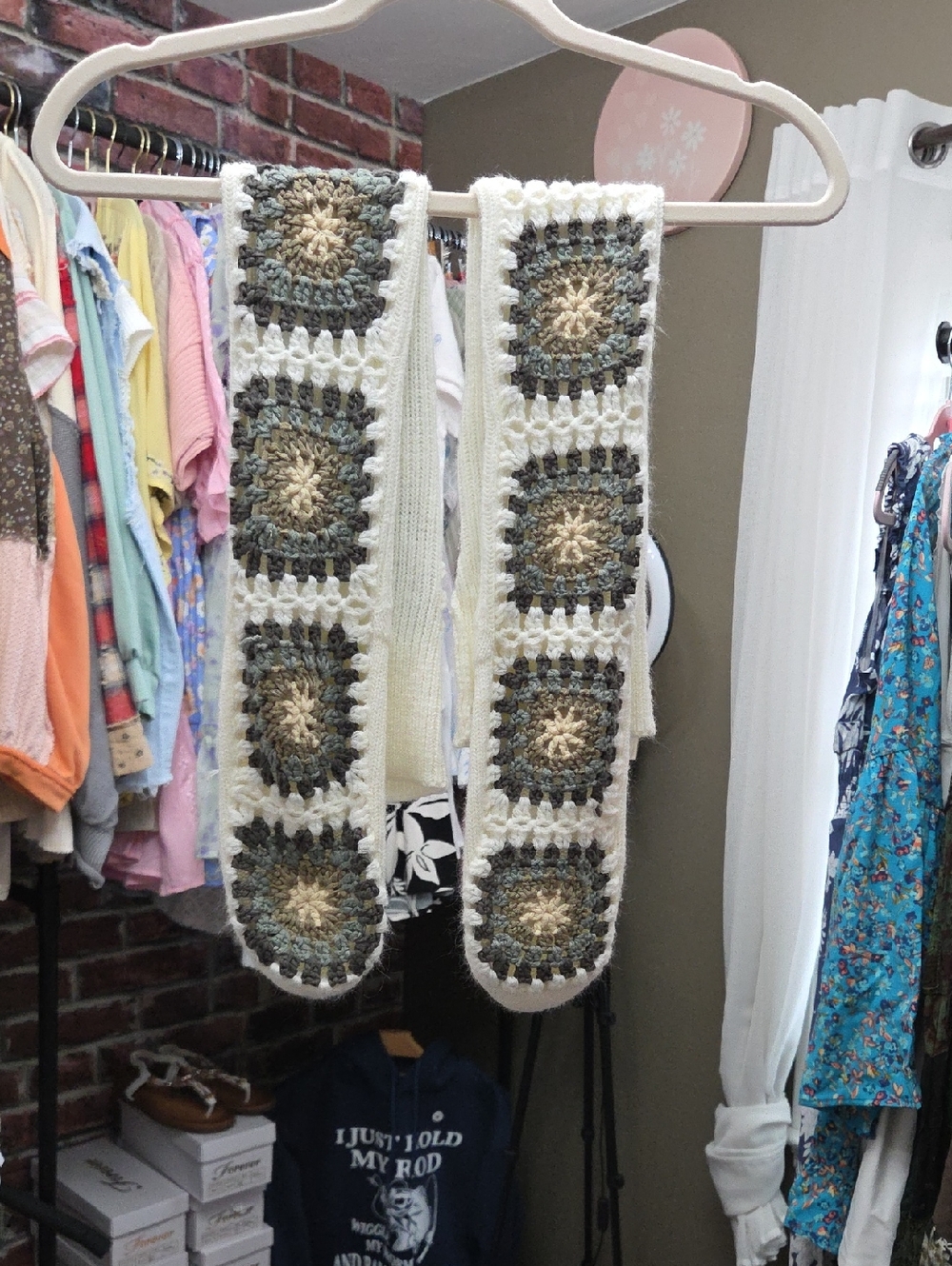 Handmade Crochet Granny Square Knee High Socks in Cream, Olive & Gray